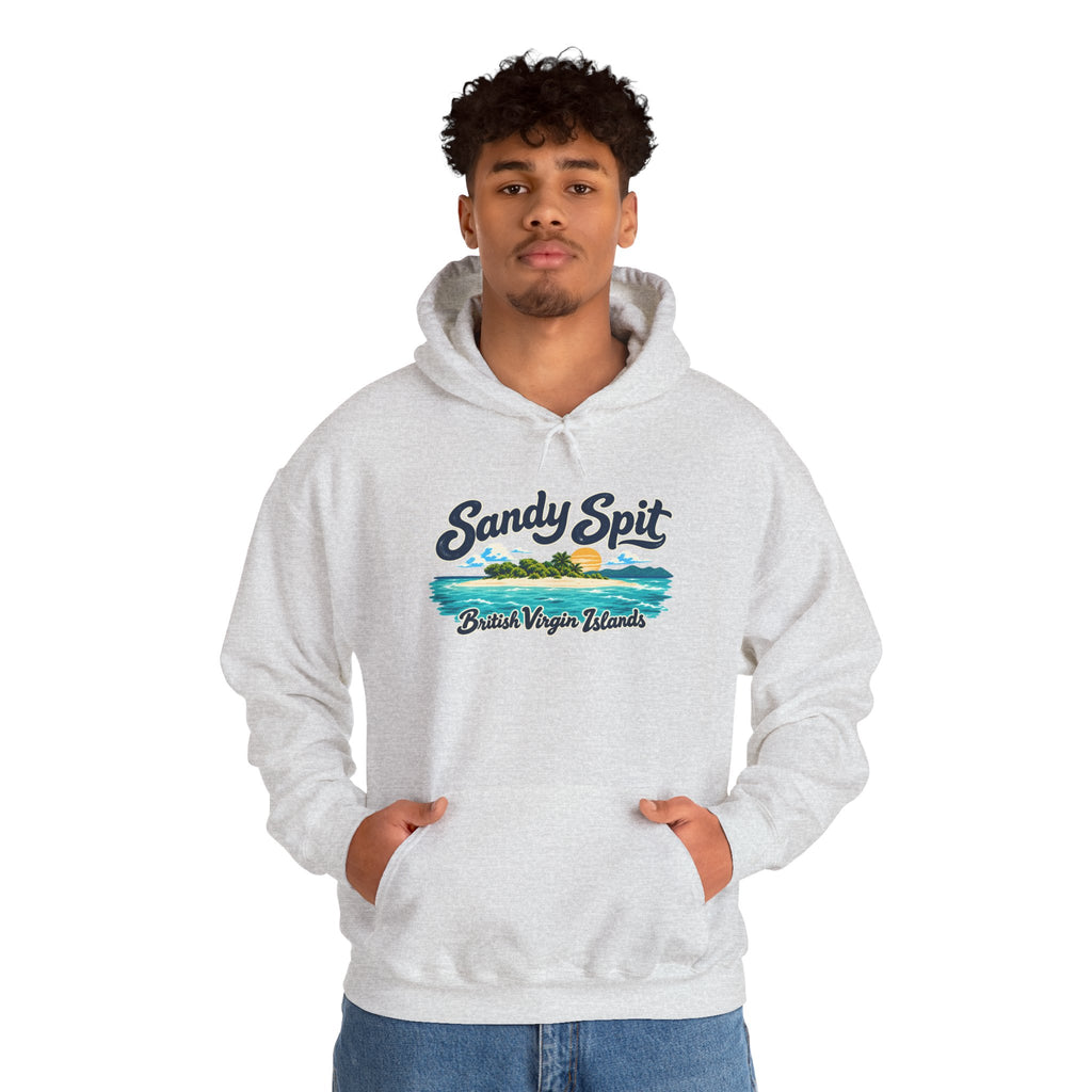 Model wearing the Sandy Spit BVI Gildan 18500 hoodie with colorful palm-tree island artwork and British Virgin Islands lettering.