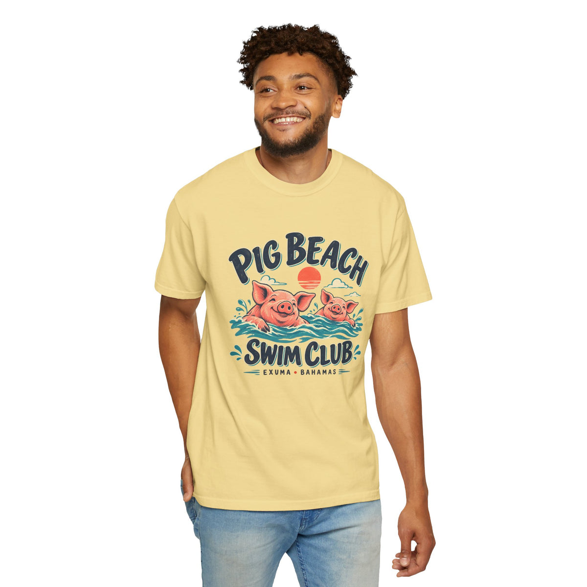 Model wearing the Pig Beach Swim Club Exuma Bahamas Comfort Colors 1717 T-shirt.