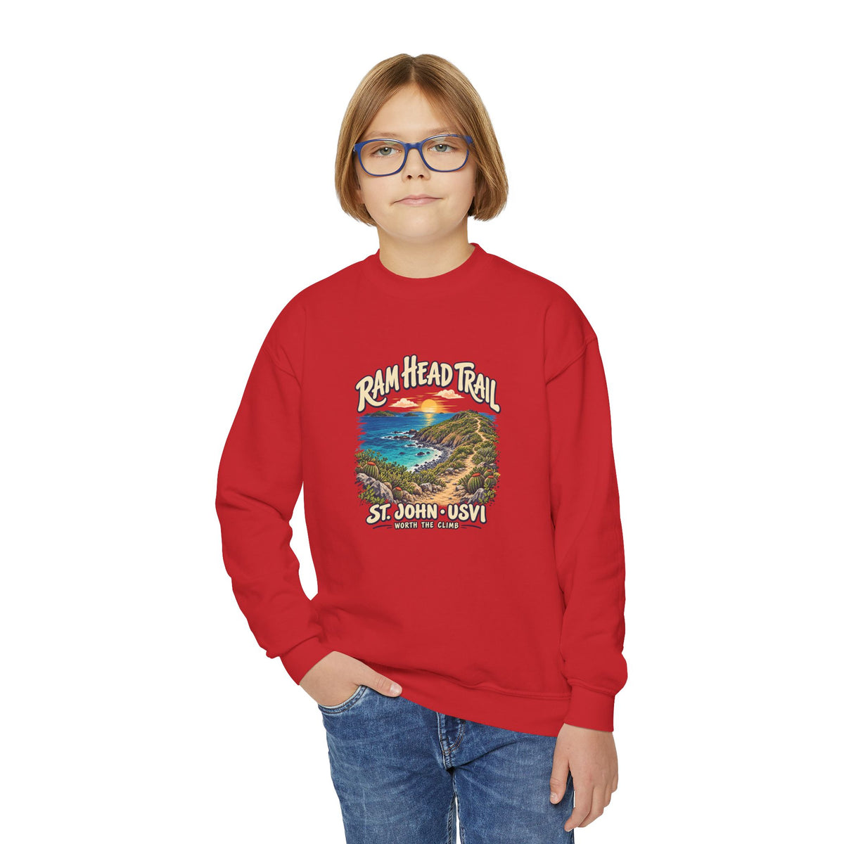 Youth model wearing a Gildan 18000B sweatshirt with Ram Head Trail St John USVI coastal artwork.
