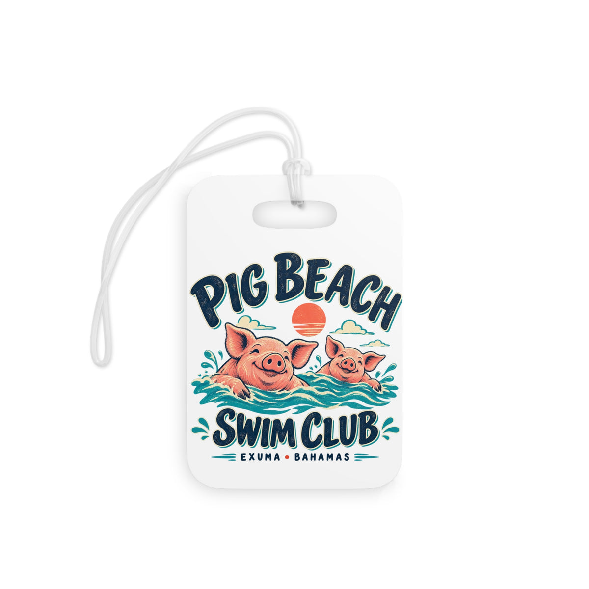 Pig Beach Swim Club Exuma Bahamas luggage tag with artwork positioned below the strap opening.