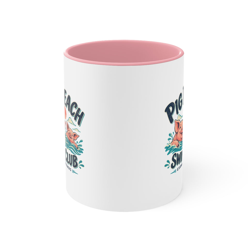 Pig Beach Swim Club Exuma Bahamas accent mug with colorful swimming-pig artwork printed on both sides.