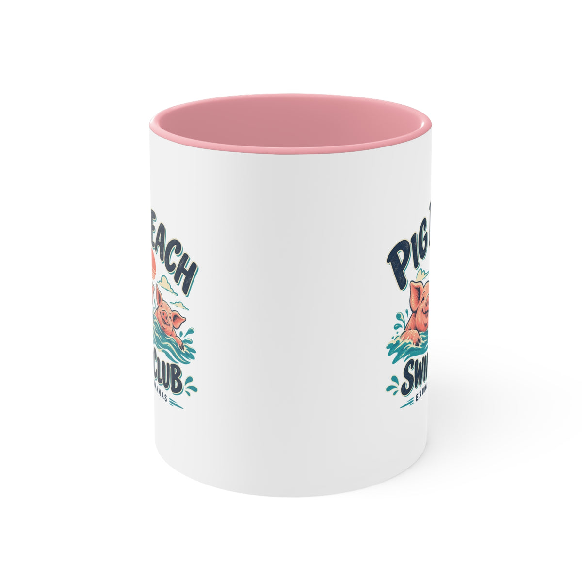 Pig Beach Swim Club Exuma Bahamas accent mug with colorful swimming-pig artwork printed on both sides.