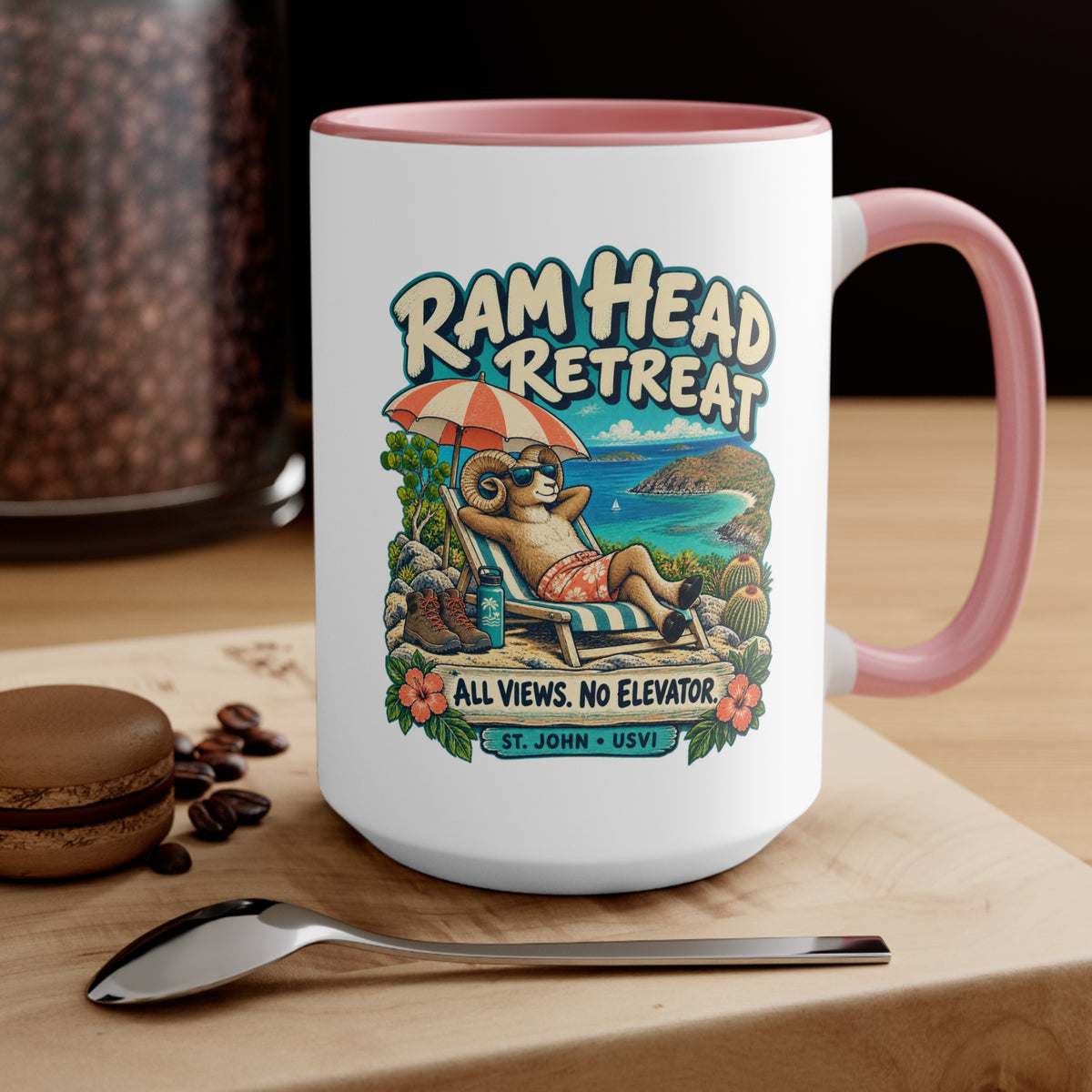 Ram Head Retreat St John USVI accent mug displaying the lounging ram design on its printed side.