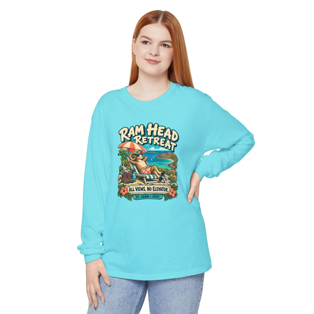 Model wearing Ram Head Retreat St John USVI Comfort Colors 6014 Long-Sleeve T-Shirt with the lounging ram retreat design.