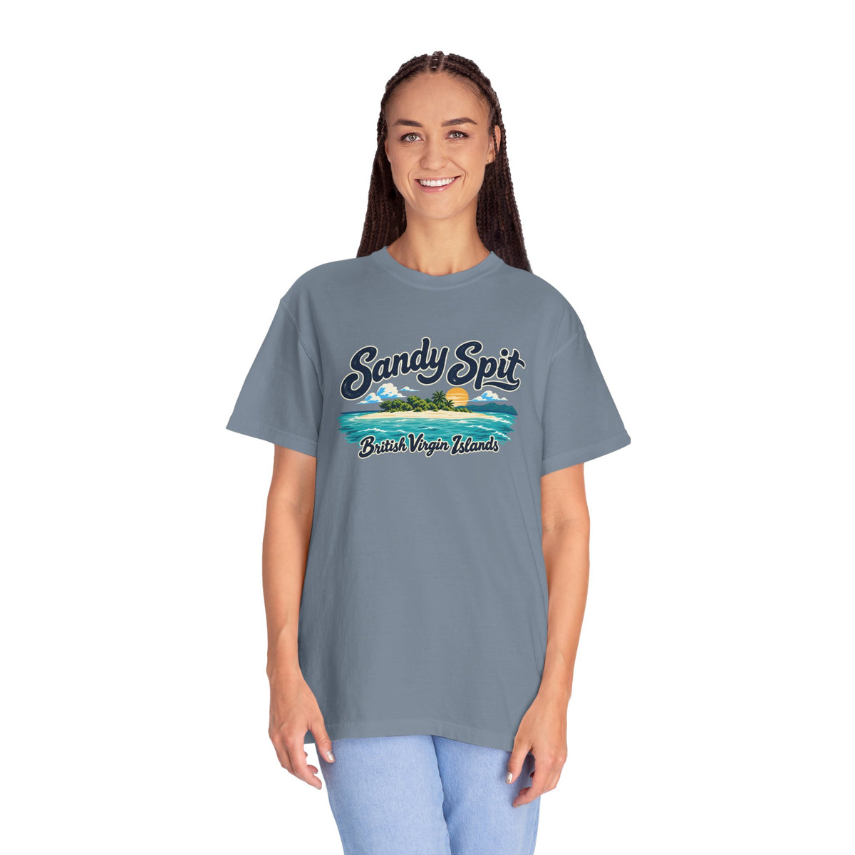 Model wearing the Sandy Spit BVI Comfort Colors 1717 T-shirt with colorful palm-tree island artwork and British Virgin Islands lettering.