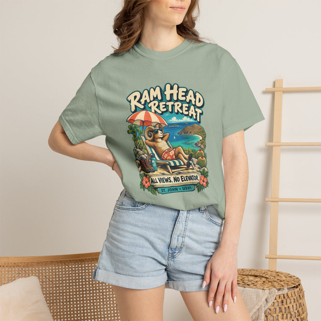 Model wearing a Comfort Colors 1717 T-shirt with the Ram Head Retreat lounging ram illustration and St. John USVI lettering.