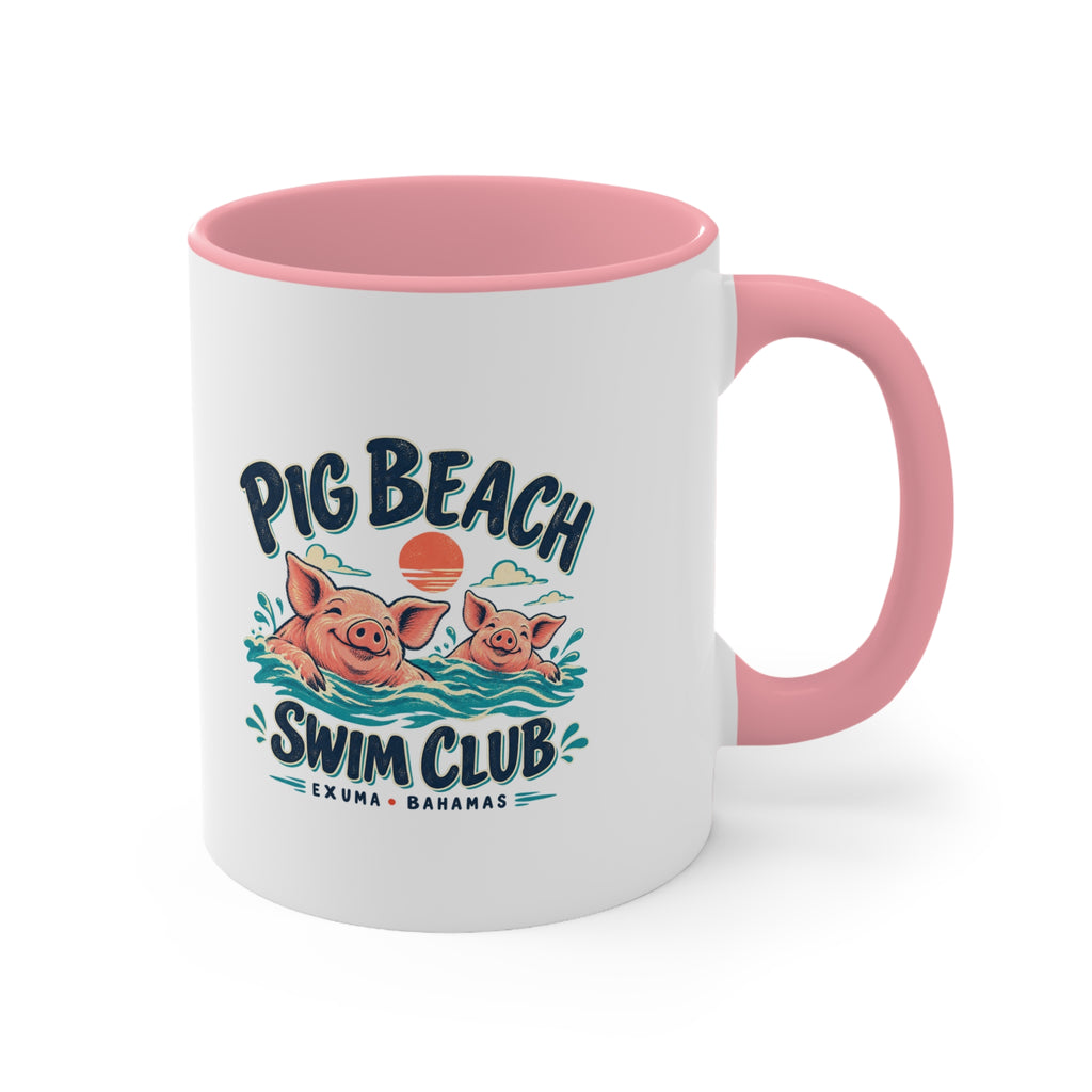 Pig Beach Swim Club Exuma Bahamas accent mug with colorful swimming-pig artwork printed on both sides.
