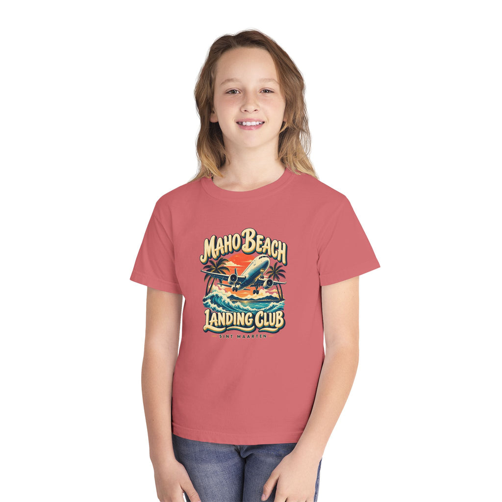 Maho Beach Landing Club Sint Maarten Comfort Colors 9018 Youth T-Shirt featuring the Maho Beach destination artwork, supplier product mockup