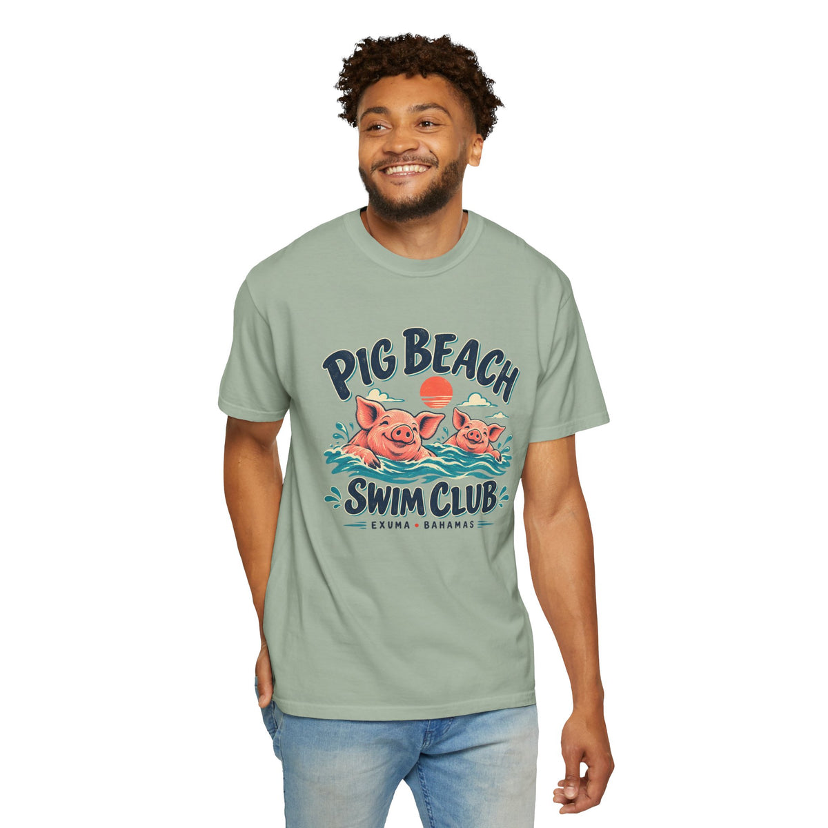 Model wearing the Pig Beach Swim Club Exuma Bahamas Comfort Colors 1717 T-shirt.