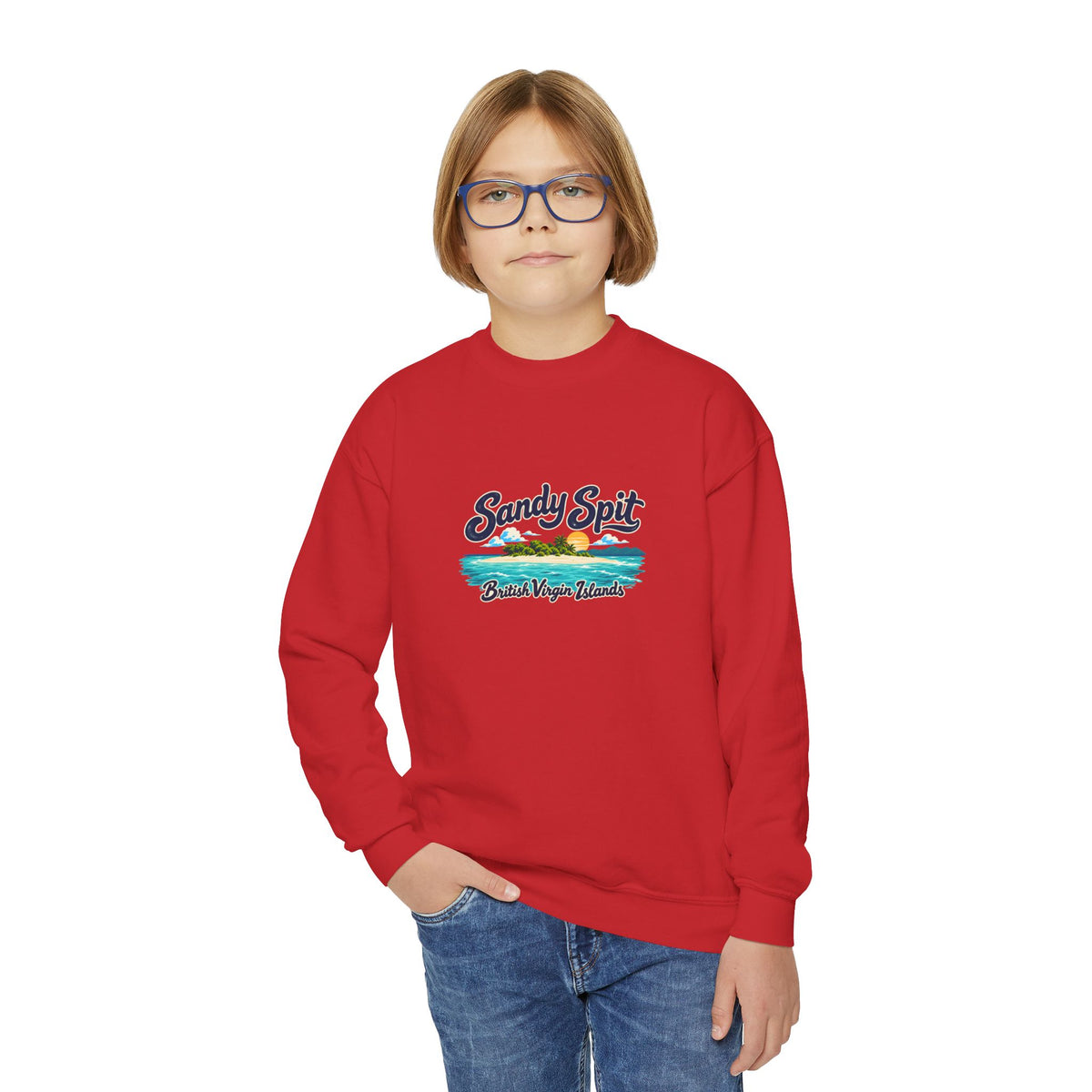 Youth model wearing the Sandy Spit BVI Gildan 18000B sweatshirt with enlarged island artwork placed higher on the chest.