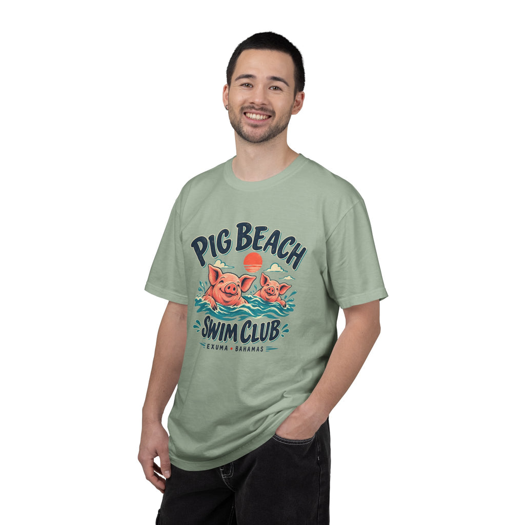 Model wearing the Pig Beach Swim Club Exuma Bahamas Comfort Colors 1717 T-shirt.
