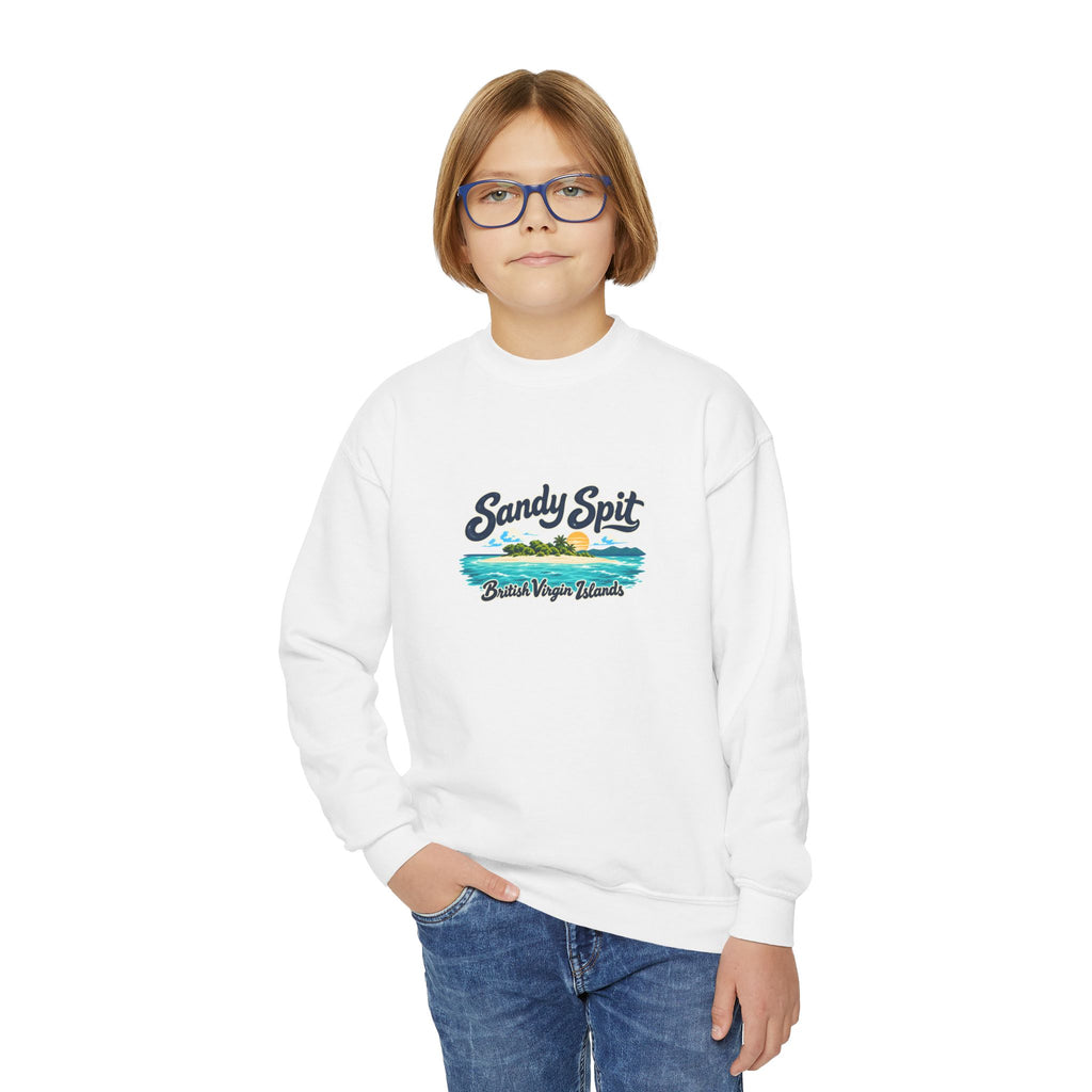Youth model wearing the Sandy Spit BVI Gildan 18000B sweatshirt with enlarged island artwork placed higher on the chest.