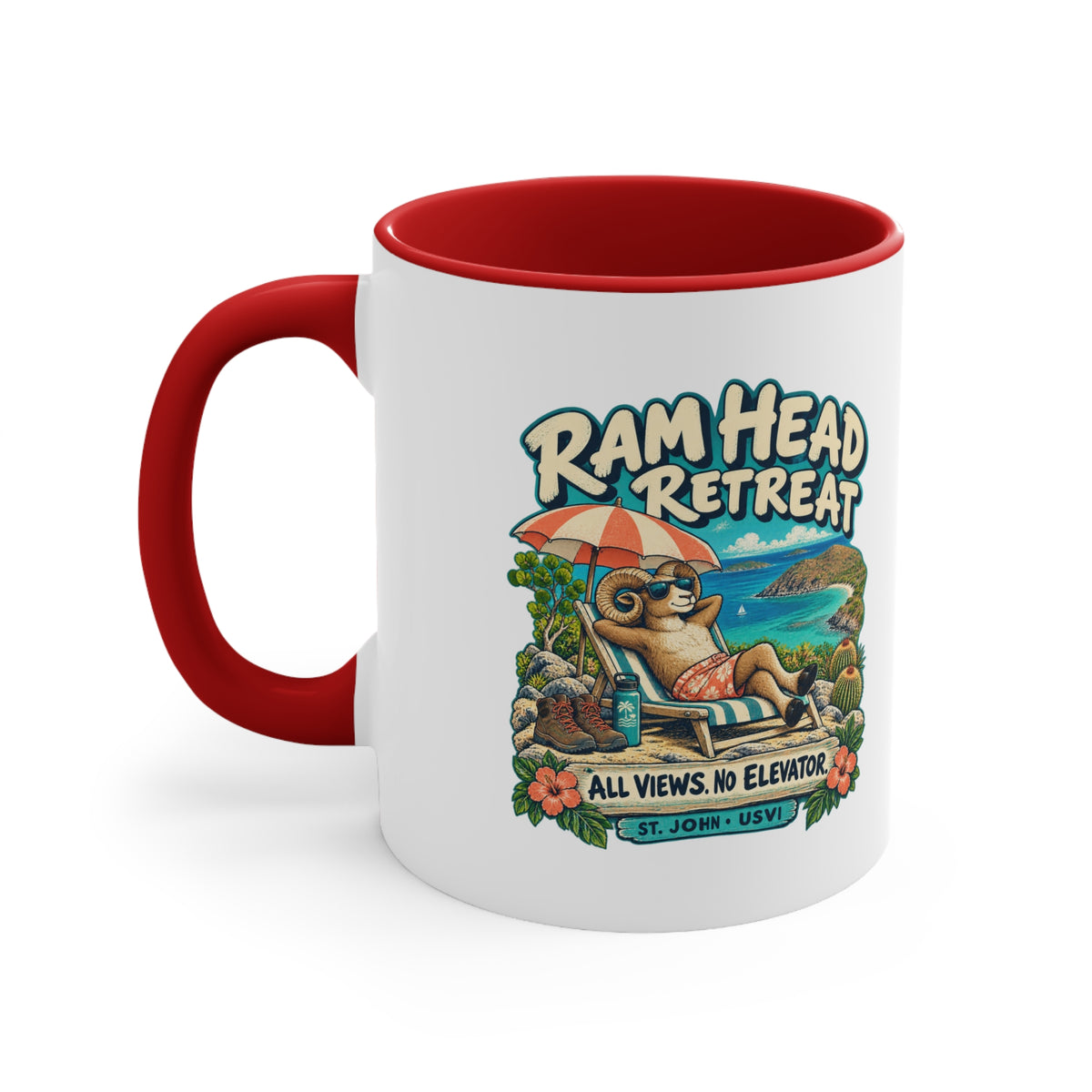 Ram Head Retreat St John USVI accent mug displaying the lounging ram design on its printed side.
