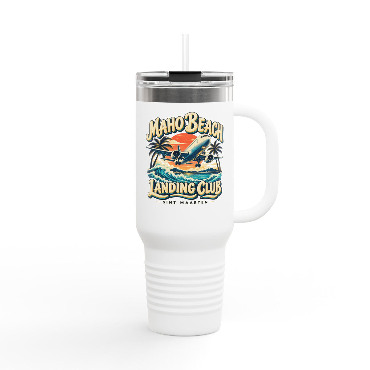 Maho Beach Landing Club Sint Maarten Polar Camel 40 oz Travel Mug illustrated destination design, product mockup