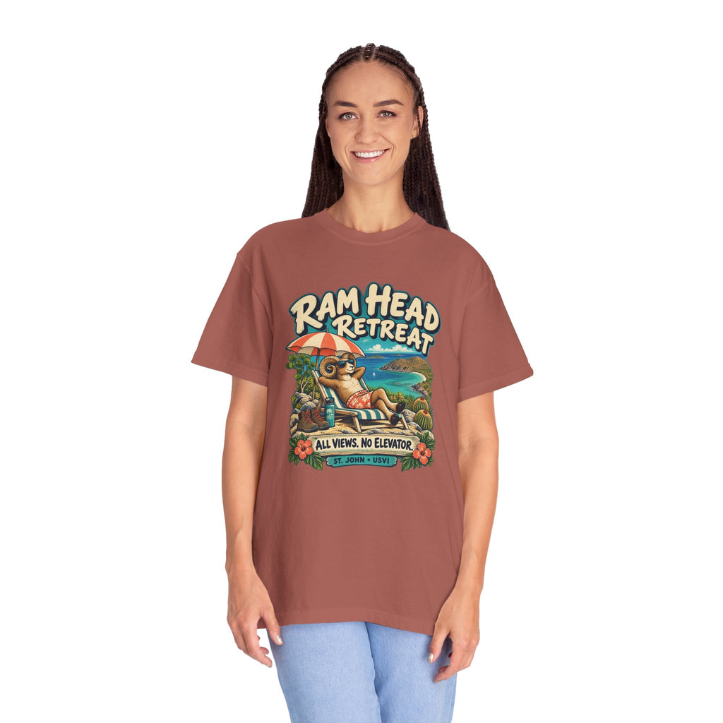 Model wearing a Comfort Colors 1717 T-shirt with the Ram Head Retreat lounging ram illustration and St. John USVI lettering.