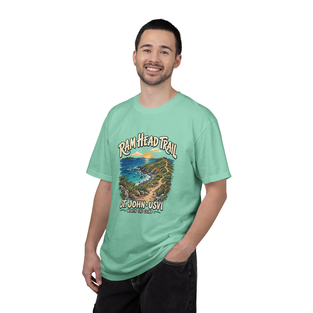 Model wearing a Comfort Colors 1717 T-shirt with the Ram Head Trail coastal illustration and St. John USVI lettering on the front.