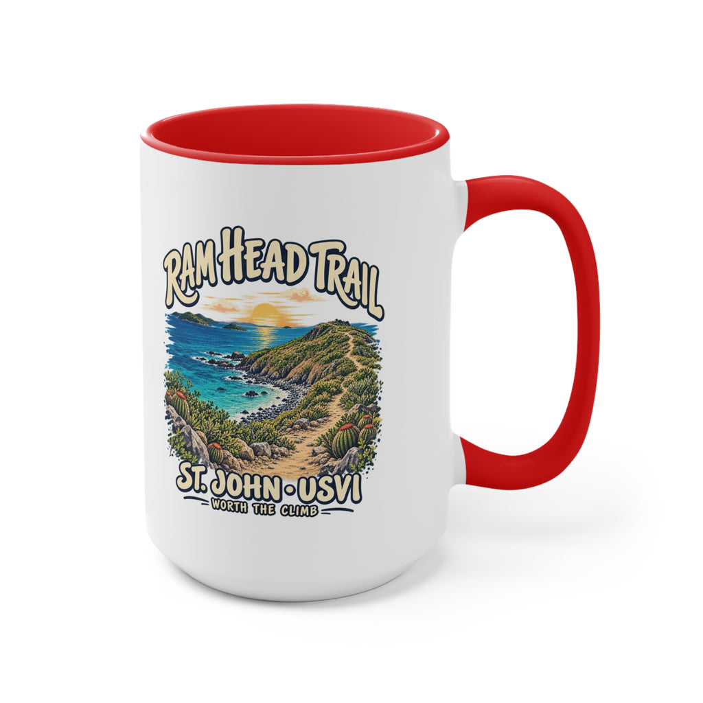 Ram Head Trail St John USVI coastal artwork on the printed side of a ceramic accent coffee mug.