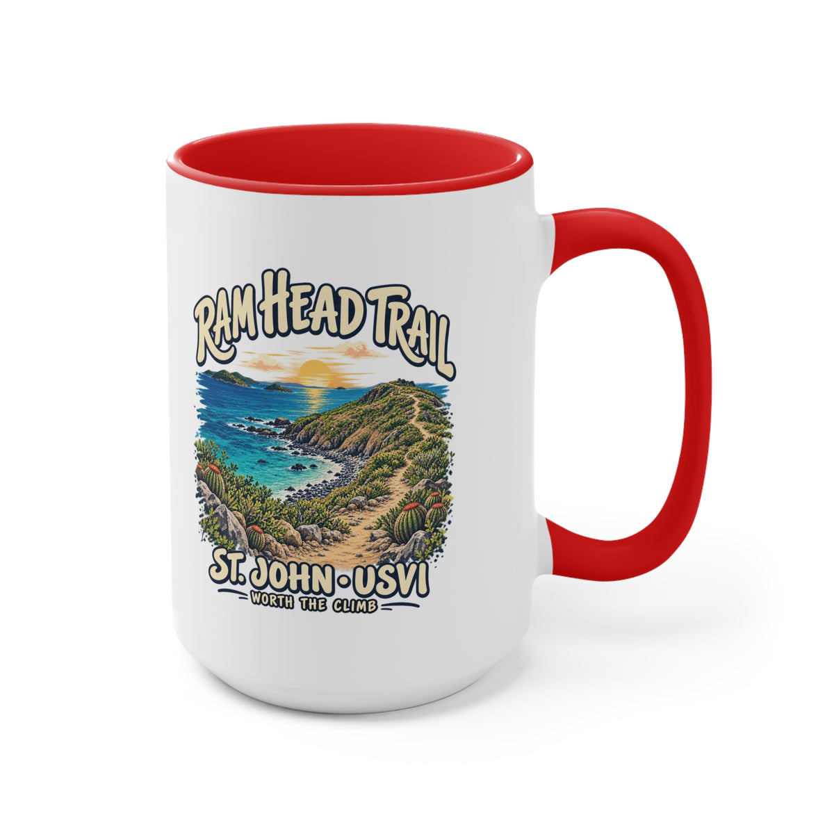 Ram Head Trail St John USVI coastal artwork on the printed side of a ceramic accent coffee mug.