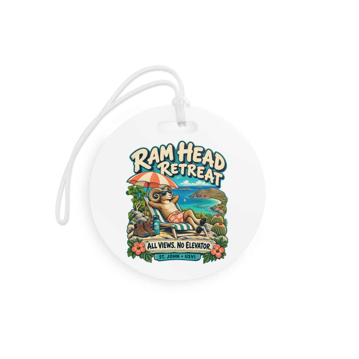 Ram Head Retreat St John USVI luggage tag with relaxing ram artwork, product mockup 3
