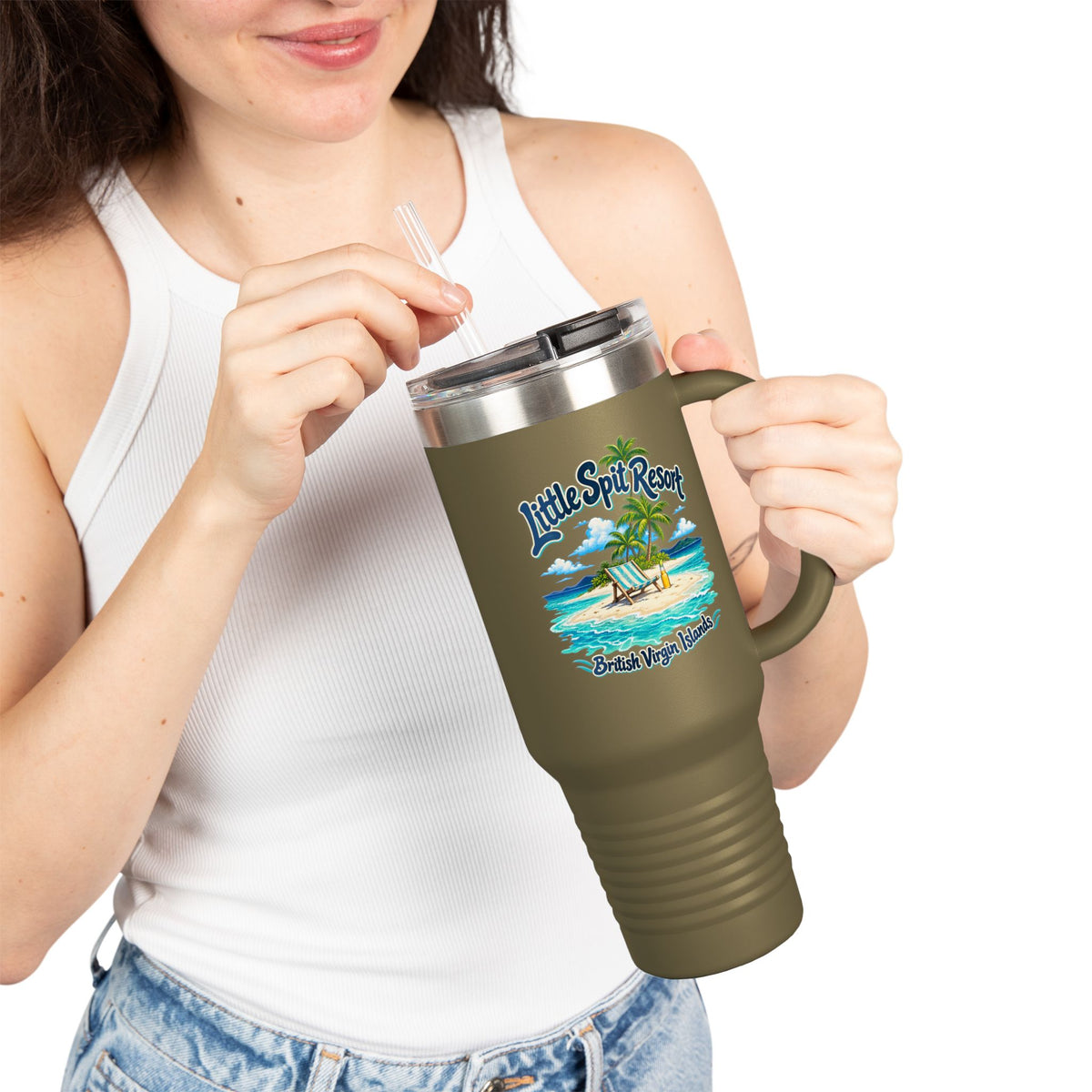 Model holding a Little Spit Resort BVI Polar Camel 40-ounce travel mug with tropical artwork on the front.