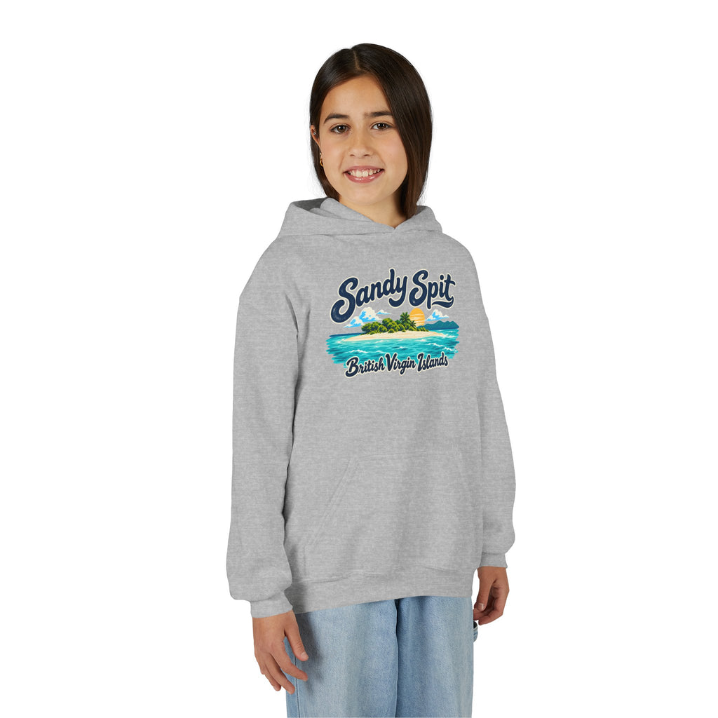 Young model wearing the Sandy Spit BVI Gildan 18500B youth hoodie, front-view mockup.