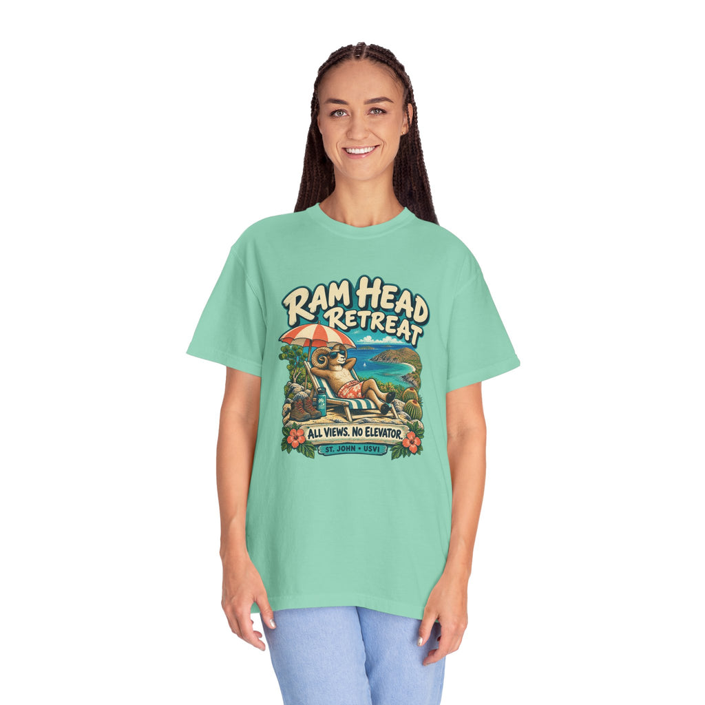 Model wearing a Comfort Colors 1717 T-shirt with the Ram Head Retreat lounging ram illustration and St. John USVI lettering.