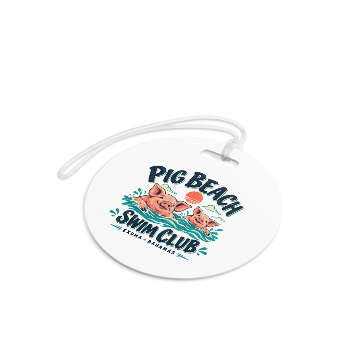 Pig Beach Swim Club Exuma Bahamas luggage tag with artwork positioned below the strap opening.