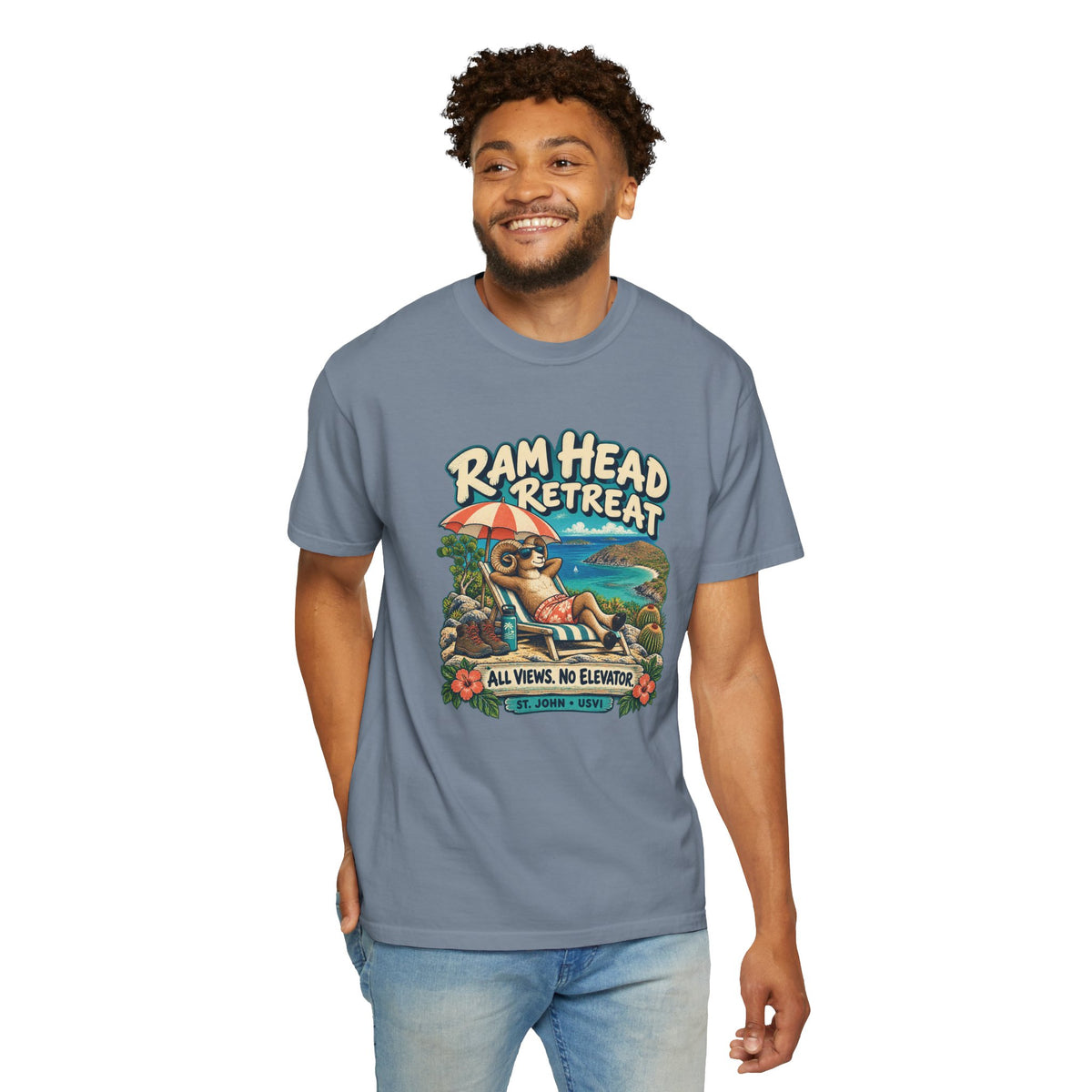 Model wearing a Comfort Colors 1717 T-shirt with the Ram Head Retreat lounging ram illustration and St. John USVI lettering.