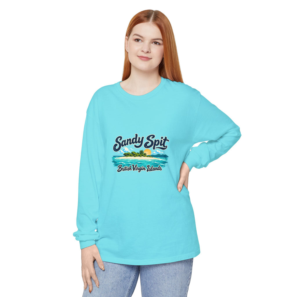 Model wearing the Sandy Spit British Virgin Islands Comfort Colors 6014 long-sleeve T-shirt.