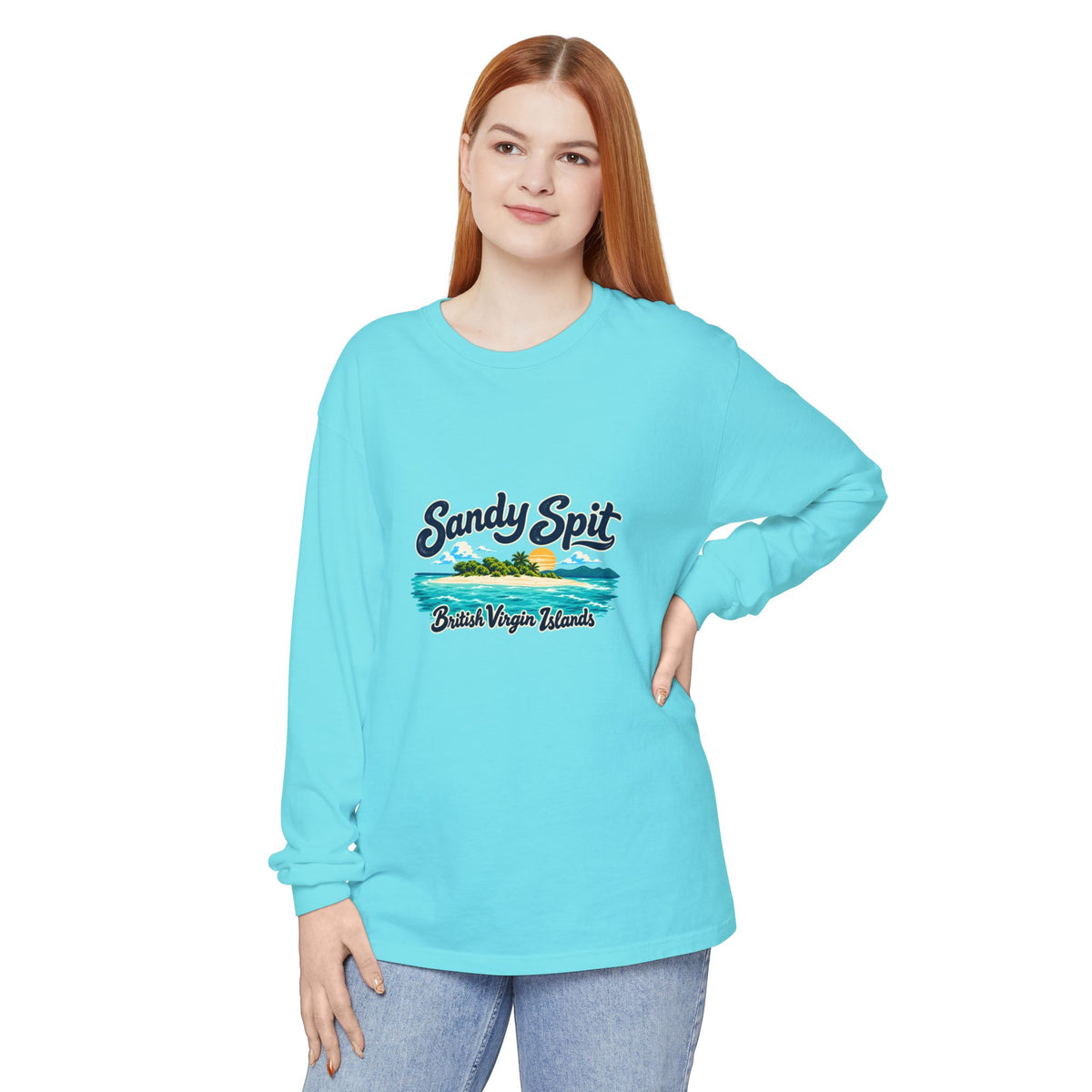Model wearing the Sandy Spit British Virgin Islands Comfort Colors 6014 long-sleeve T-shirt.