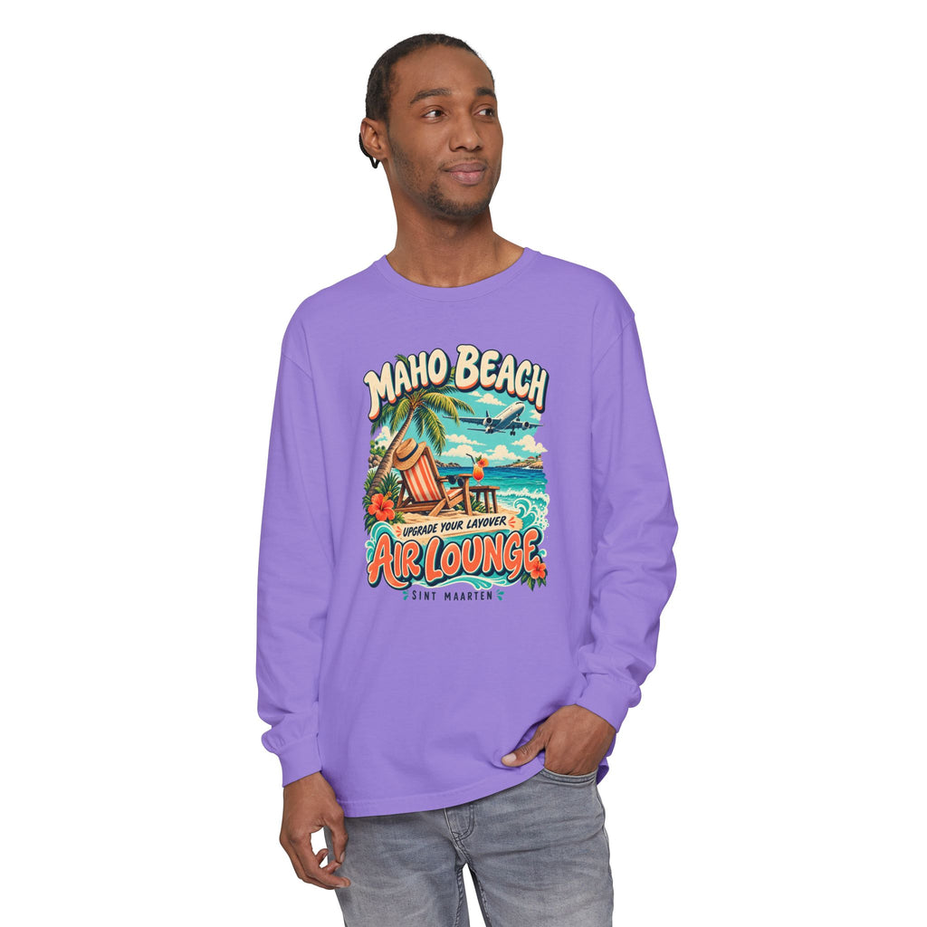 Maho Beach Air Lounge Sint Maarten Comfort Colors 6014 Long-Sleeve T-Shirt featuring the Maho Beach destination artwork, supplier product mockup