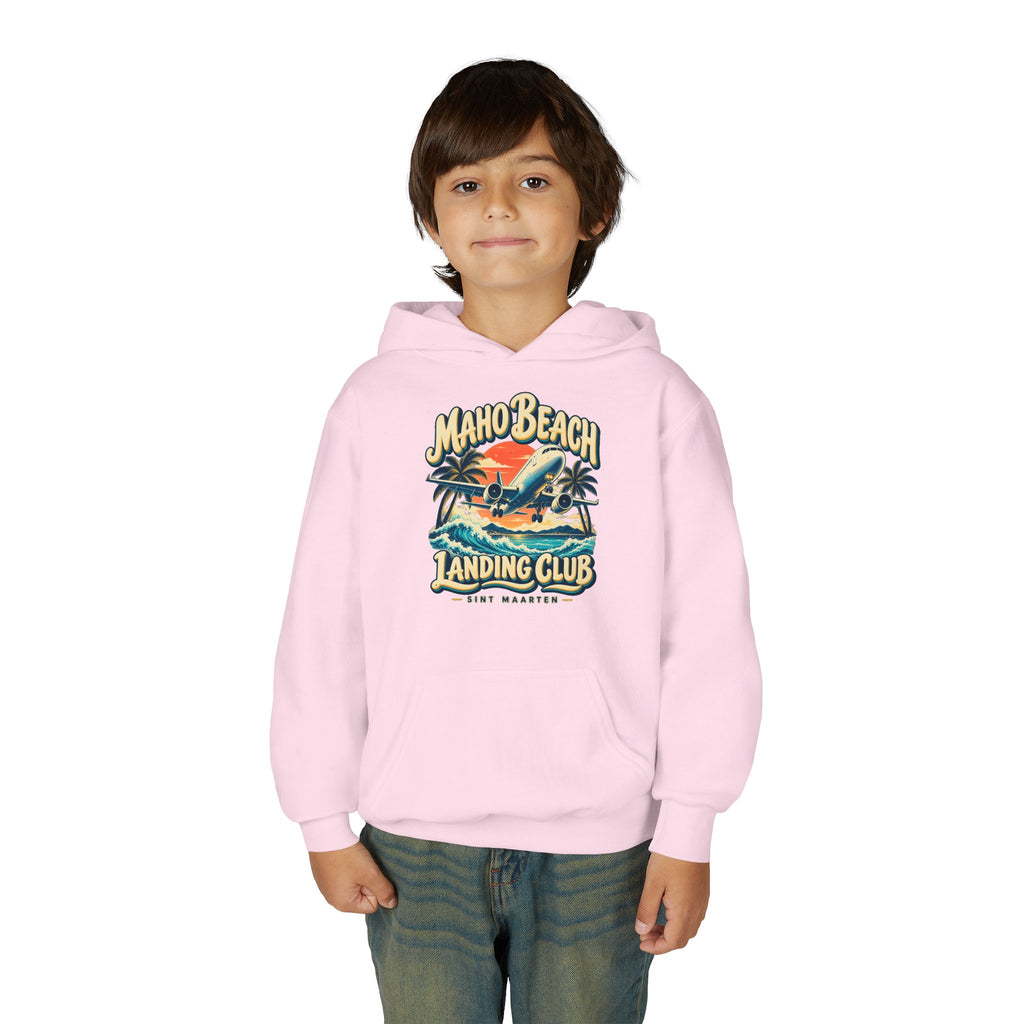 Maho Beach Landing Club Sint Maarten Gildan 18500B Youth Hoodie featuring the Maho Beach destination artwork, supplier product mockup