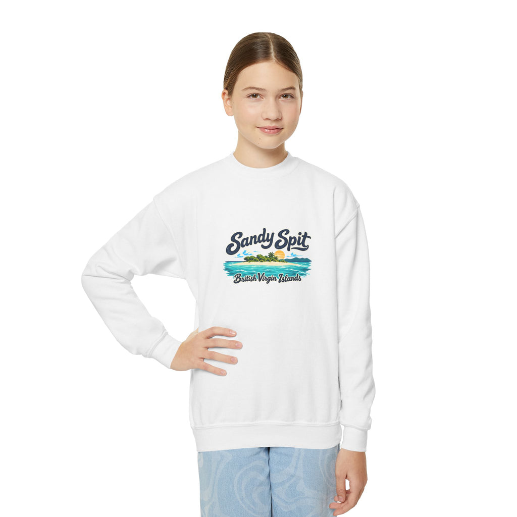 Youth model wearing the Sandy Spit BVI Gildan 18000B sweatshirt with enlarged island artwork placed higher on the chest.