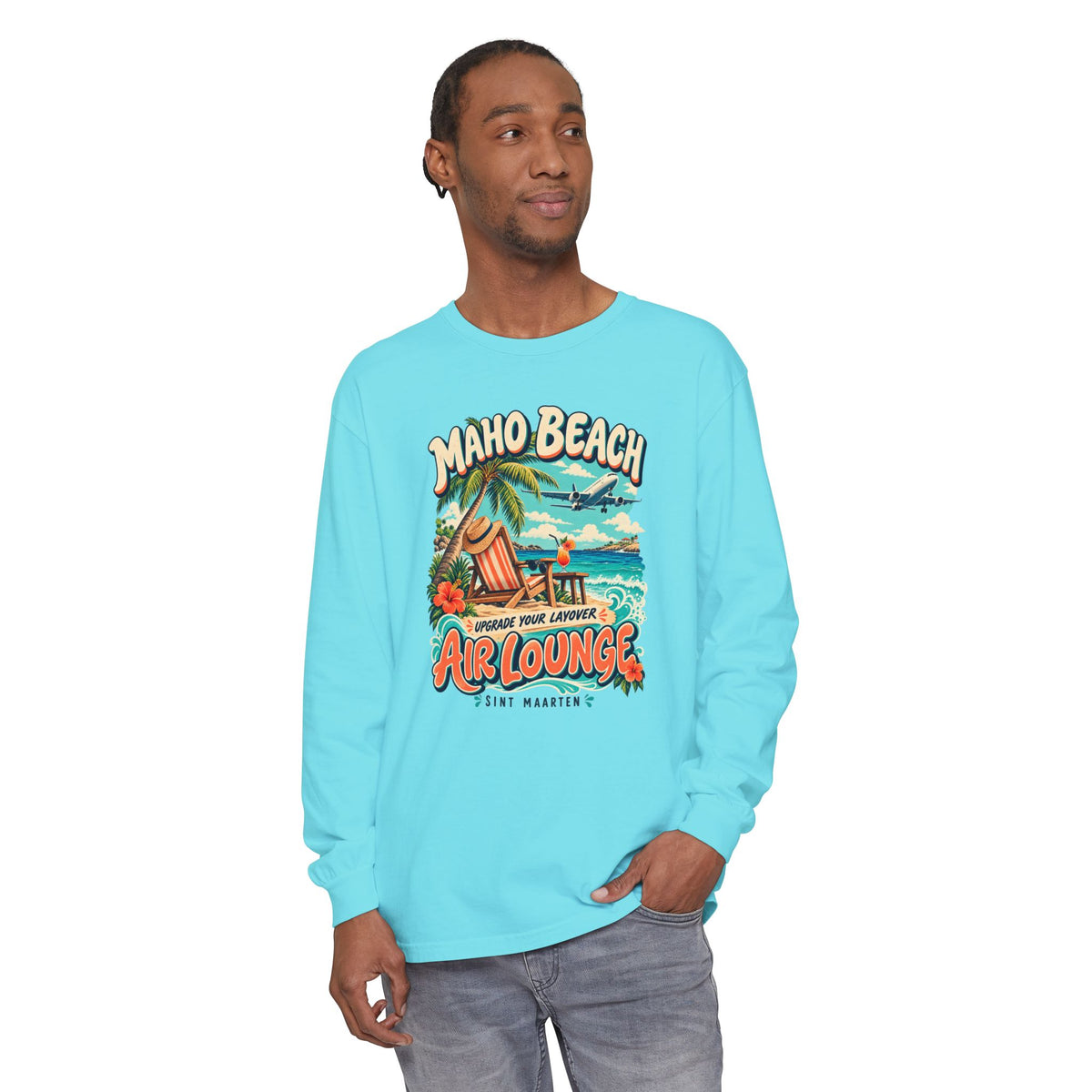 Maho Beach Air Lounge Sint Maarten Comfort Colors 6014 Long-Sleeve T-Shirt featuring the Maho Beach destination artwork, supplier product mockup
