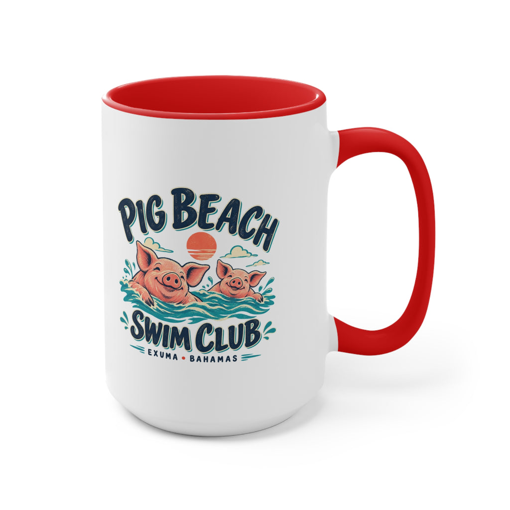 Pig Beach Swim Club Exuma Bahamas accent mug with colorful swimming-pig artwork printed on both sides.