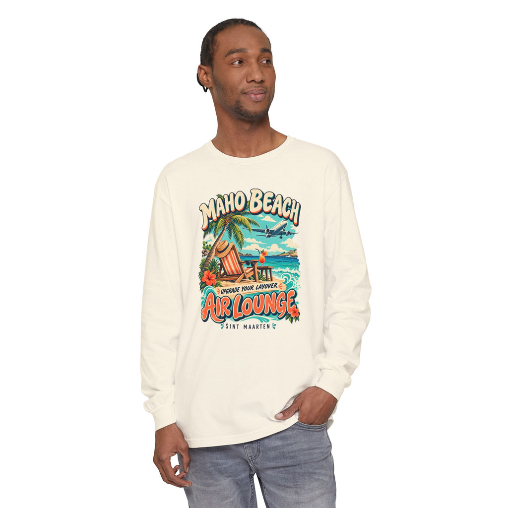 Maho Beach Air Lounge Sint Maarten Comfort Colors 6014 Long-Sleeve T-Shirt featuring the Maho Beach destination artwork, supplier product mockup