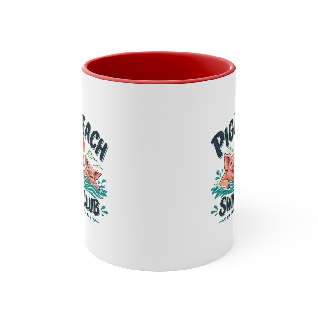 Pig Beach Swim Club Exuma Bahamas accent mug with colorful swimming-pig artwork printed on both sides.
