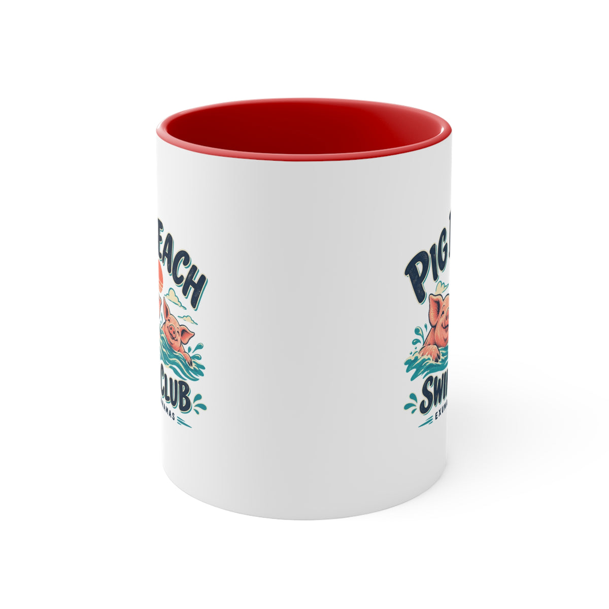 Pig Beach Swim Club Exuma Bahamas accent mug with colorful swimming-pig artwork printed on both sides.