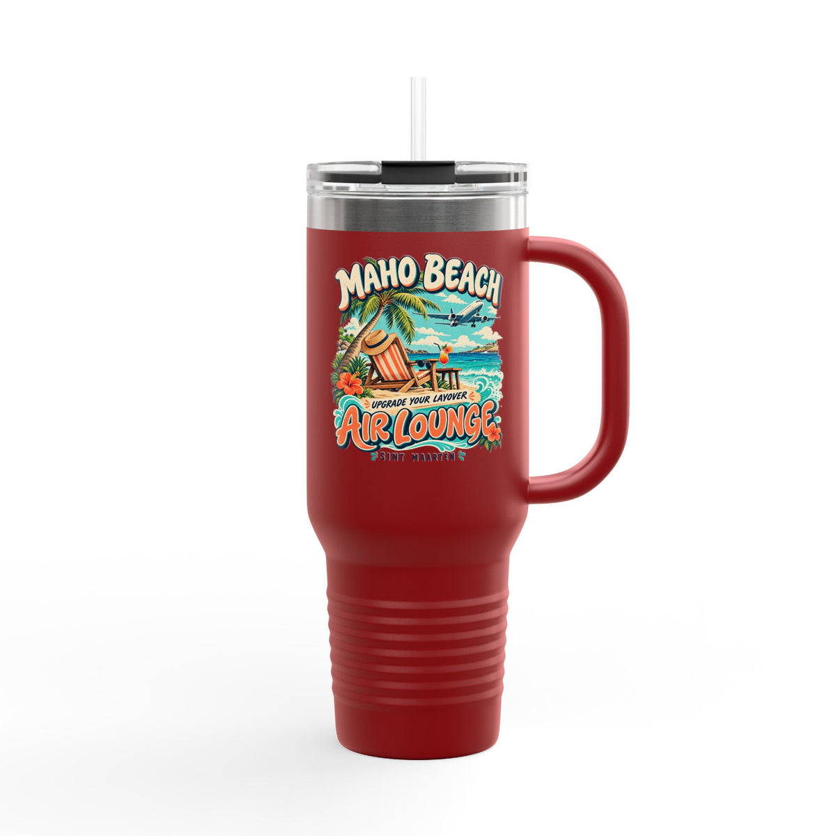 Maho Beach Air Lounge Sint Maarten Polar Camel 40 oz Travel Mug illustrated destination design, product mockup