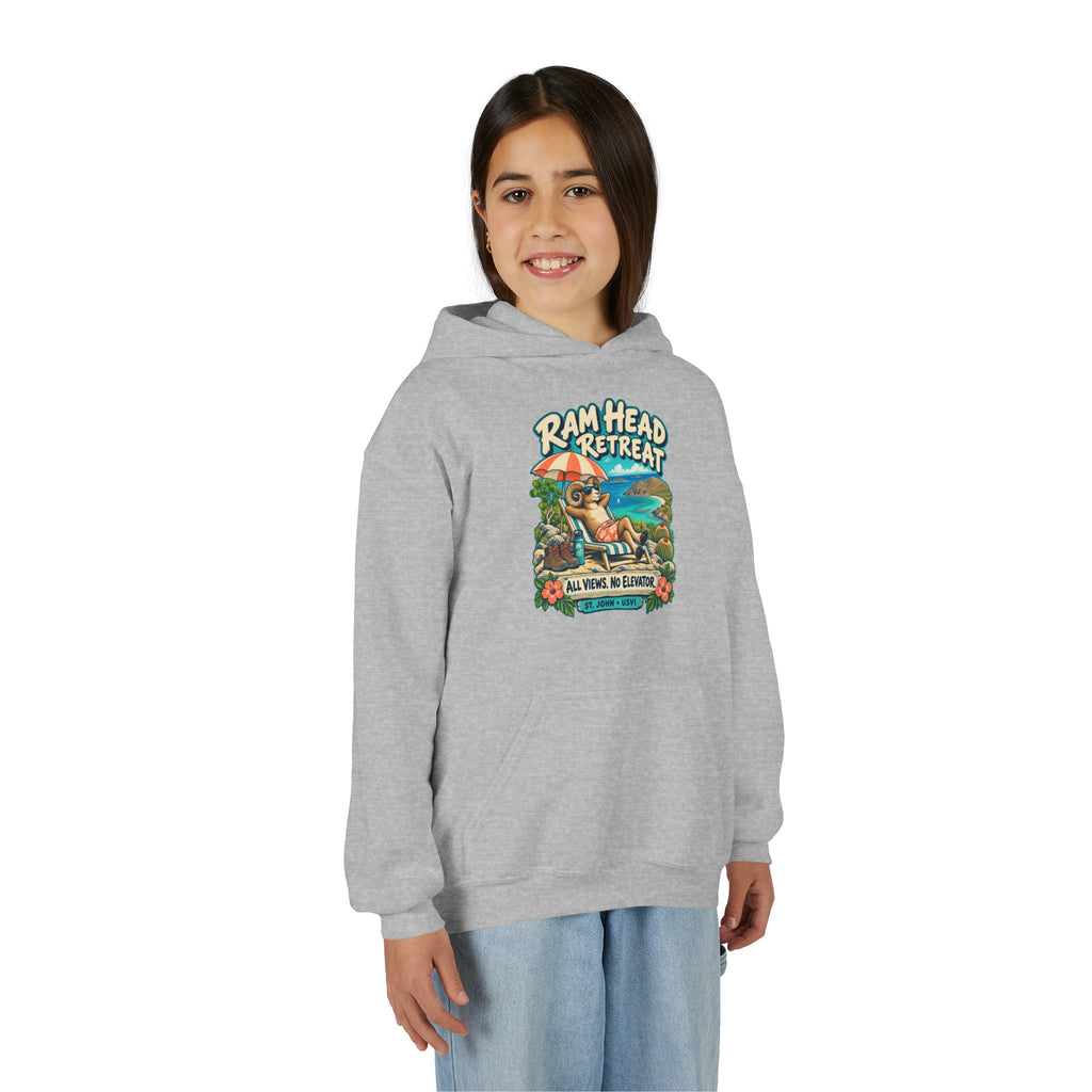 Model wearing Ram Head Retreat St John USVI Gildan 18500B Youth Hoodie with the lounging ram retreat design.
