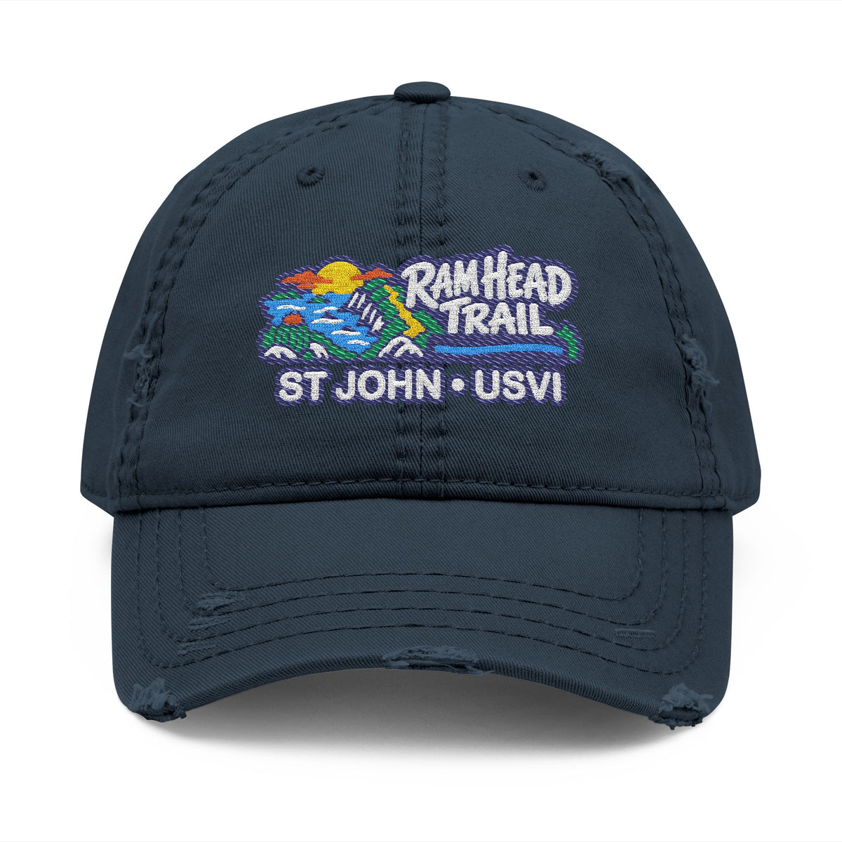 Ram Head Trail St John USVI embroidered distressed dad hat, product and model view 3