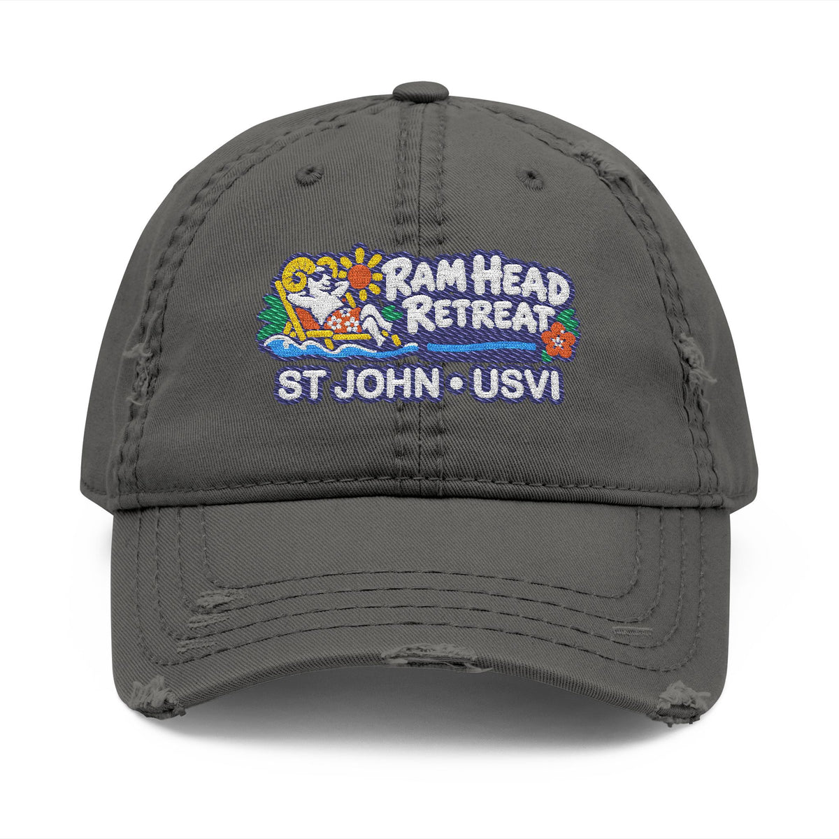 Ram Head Retreat St John USVI embroidered distressed dad hat, product and model view 2