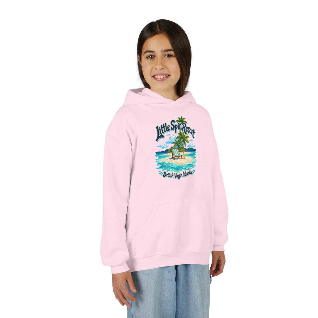 Young model wearing the Little Spit Resort BVI Gildan 18500B youth hoodie, front-view mockup.
