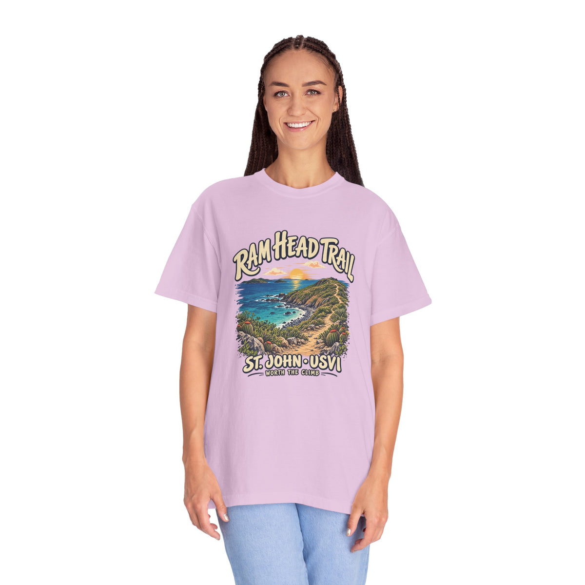 Model wearing a Comfort Colors 1717 T-shirt with the Ram Head Trail coastal illustration and St. John USVI lettering on the front.