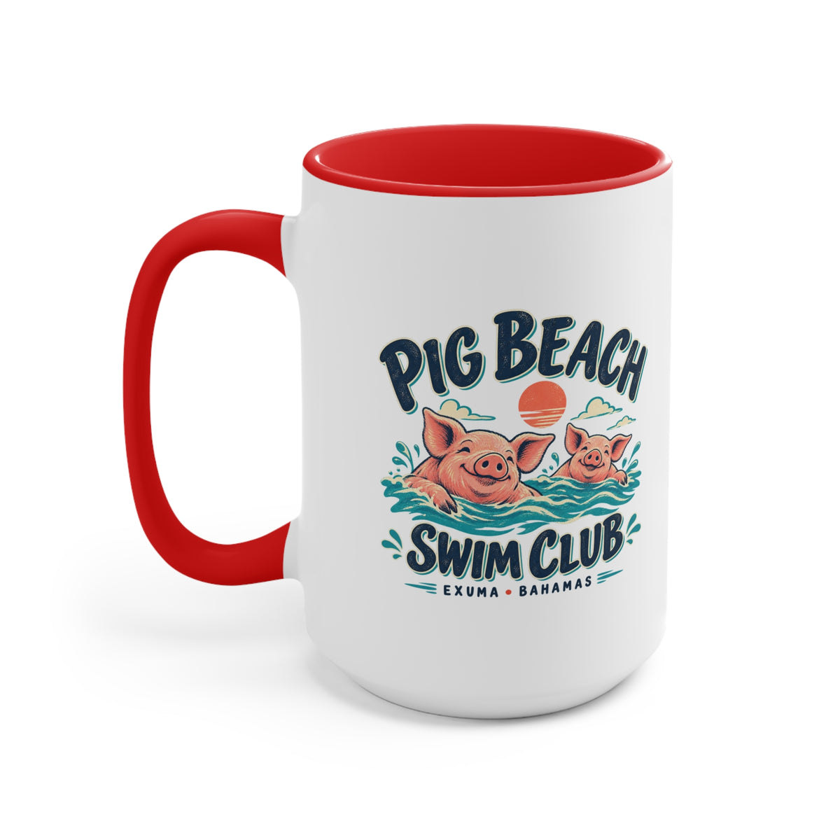 Pig Beach Swim Club Exuma Bahamas accent mug with colorful swimming-pig artwork printed on both sides.