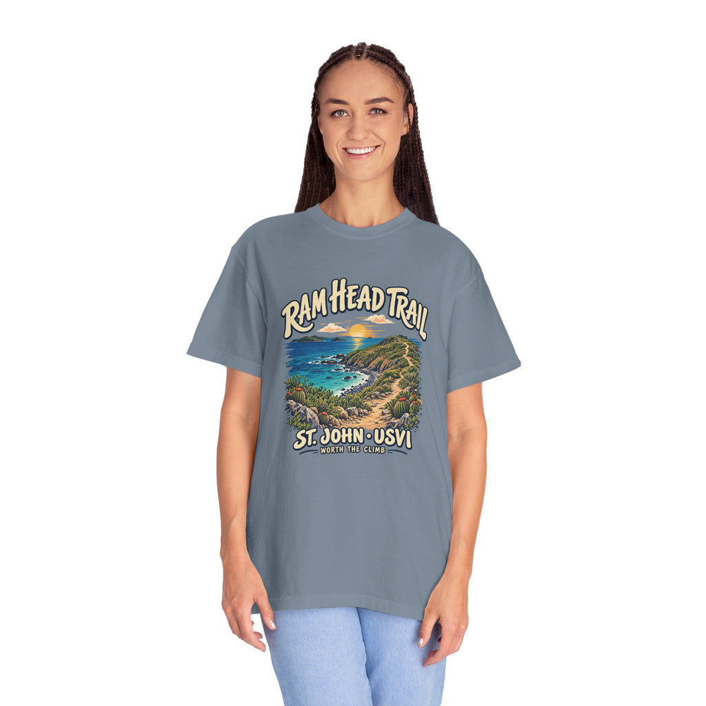 Model wearing a Comfort Colors 1717 T-shirt with the Ram Head Trail coastal illustration and St. John USVI lettering on the front.
