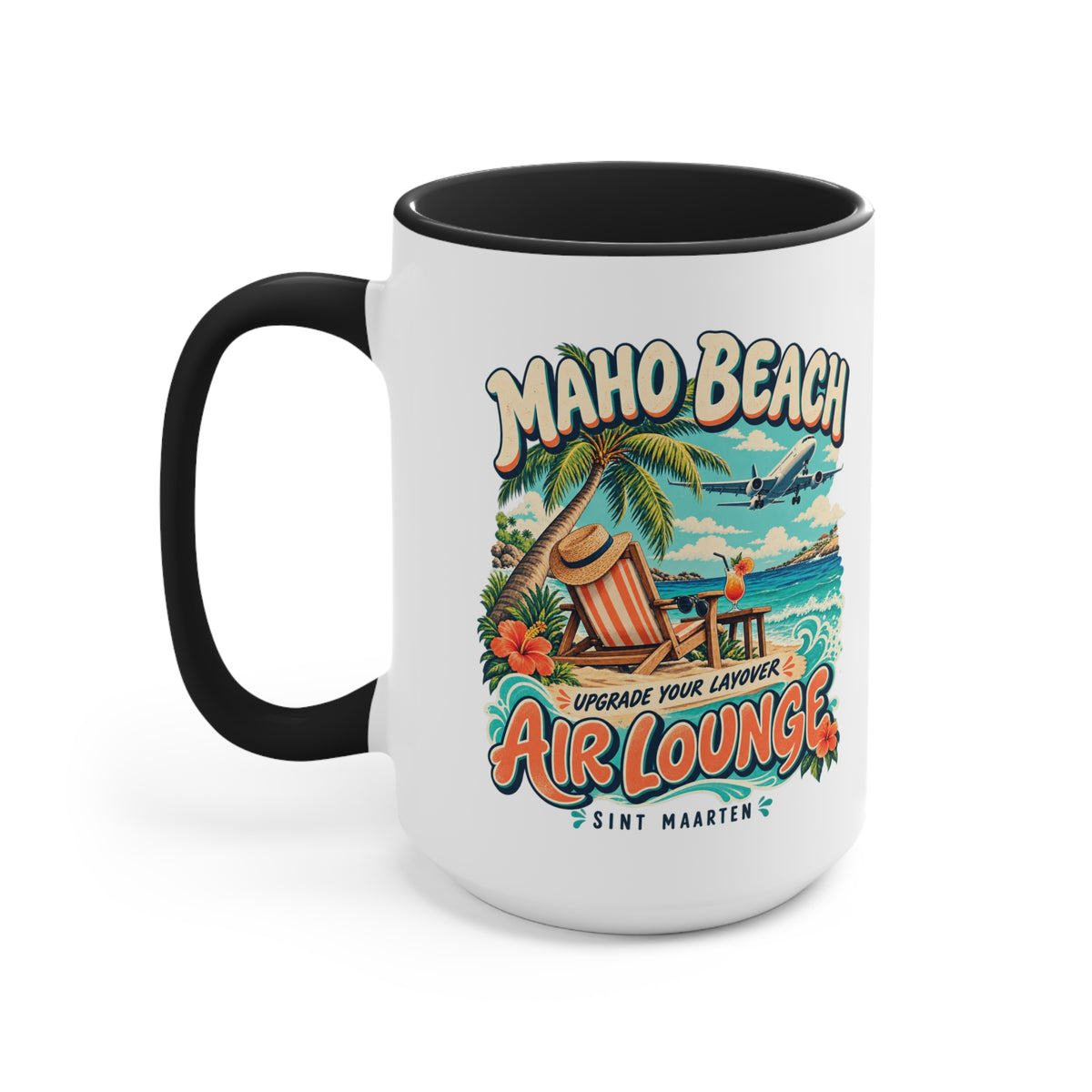 Maho Beach Air Lounge Sint Maarten Accent Coffee Mug illustrated destination design, product mockup