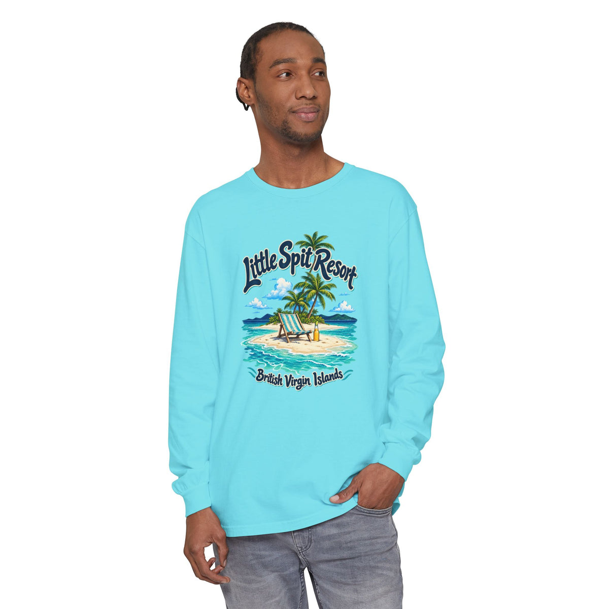 Model wearing the Little Spit Resort BVI Comfort Colors 6014 long-sleeve T-shirt with a beach-chair and palm-tree island graphic.