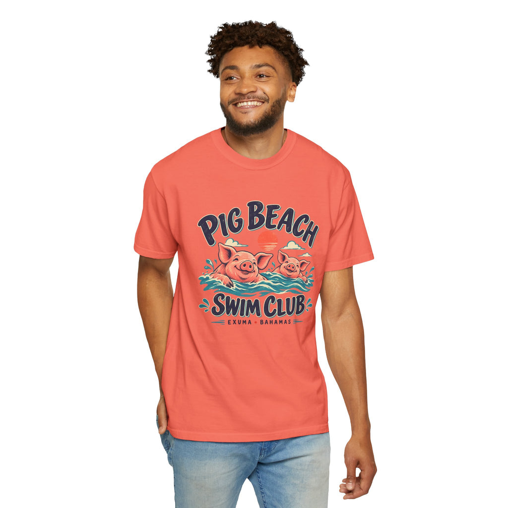 Model wearing the Pig Beach Swim Club Exuma Bahamas Comfort Colors 1717 T-shirt.