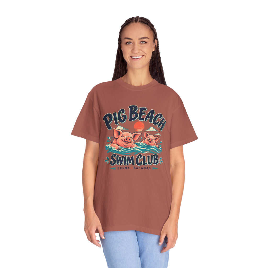 Model wearing the Pig Beach Swim Club Exuma Bahamas Comfort Colors 1717 T-shirt.